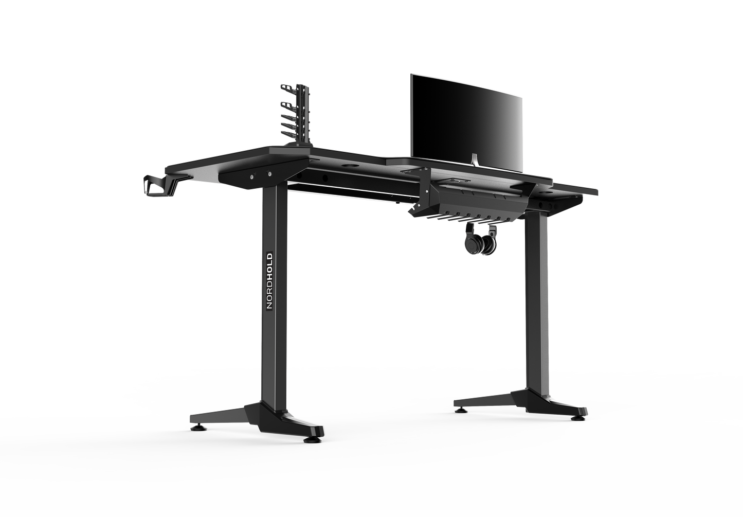 Birou Gaming cu suprafata tip mousepad idealSTORE Shark GD HOLD, Dimensiuni 140 x 66 x 77 cm, Prevazut cu picioare stabile, Accesorizat cu suport pentru casti, pahar si mousepad, Echipat cu orificii speciale pentru cabluri, Negru-Rosu