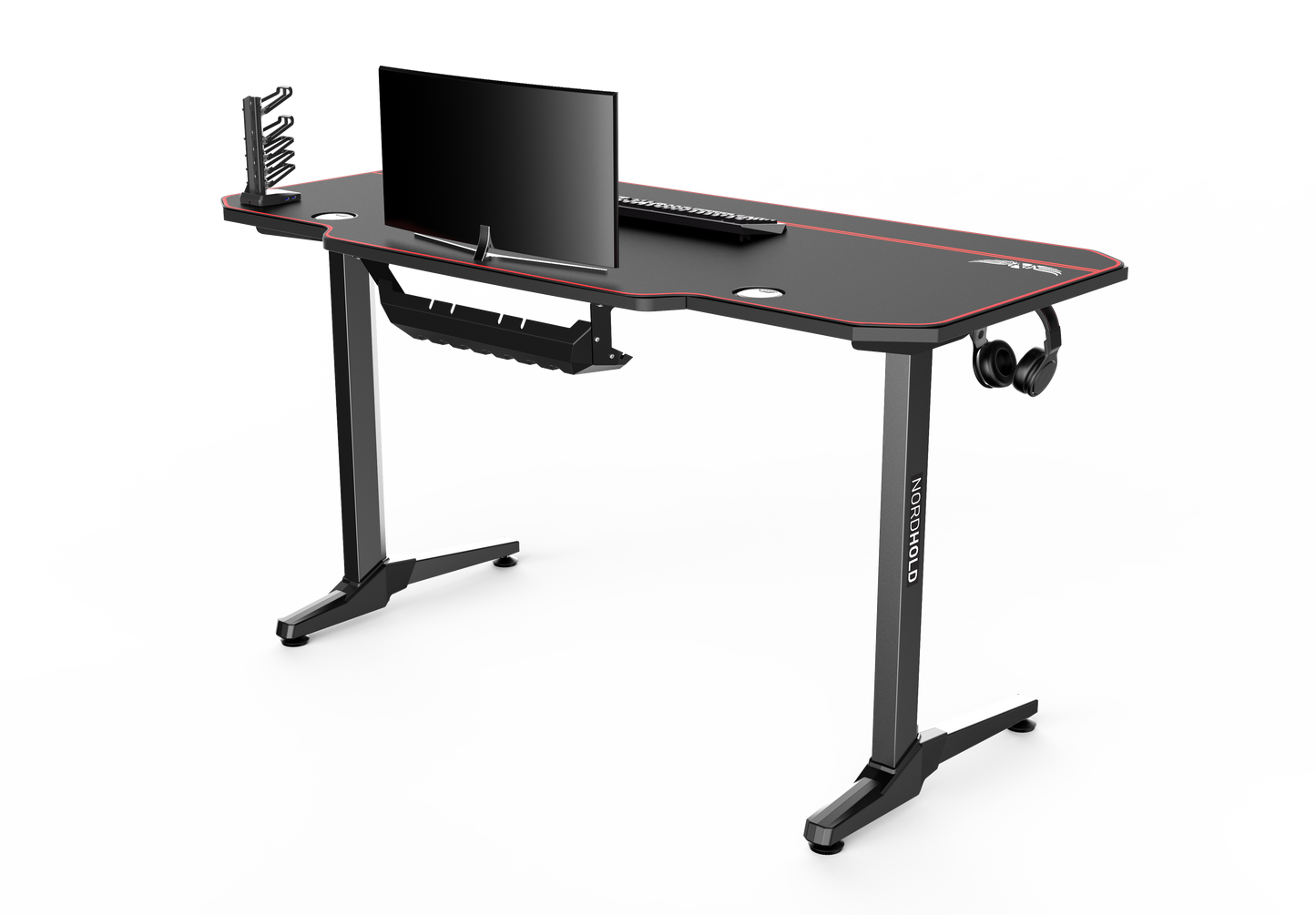 Birou Gaming cu suprafata tip mousepad idealSTORE Shark GD HOLD, Dimensiuni 140 x 66 x 77 cm, Prevazut cu picioare stabile, Accesorizat cu suport pentru casti, pahar si mousepad, Echipat cu orificii speciale pentru cabluri, Negru-Rosu