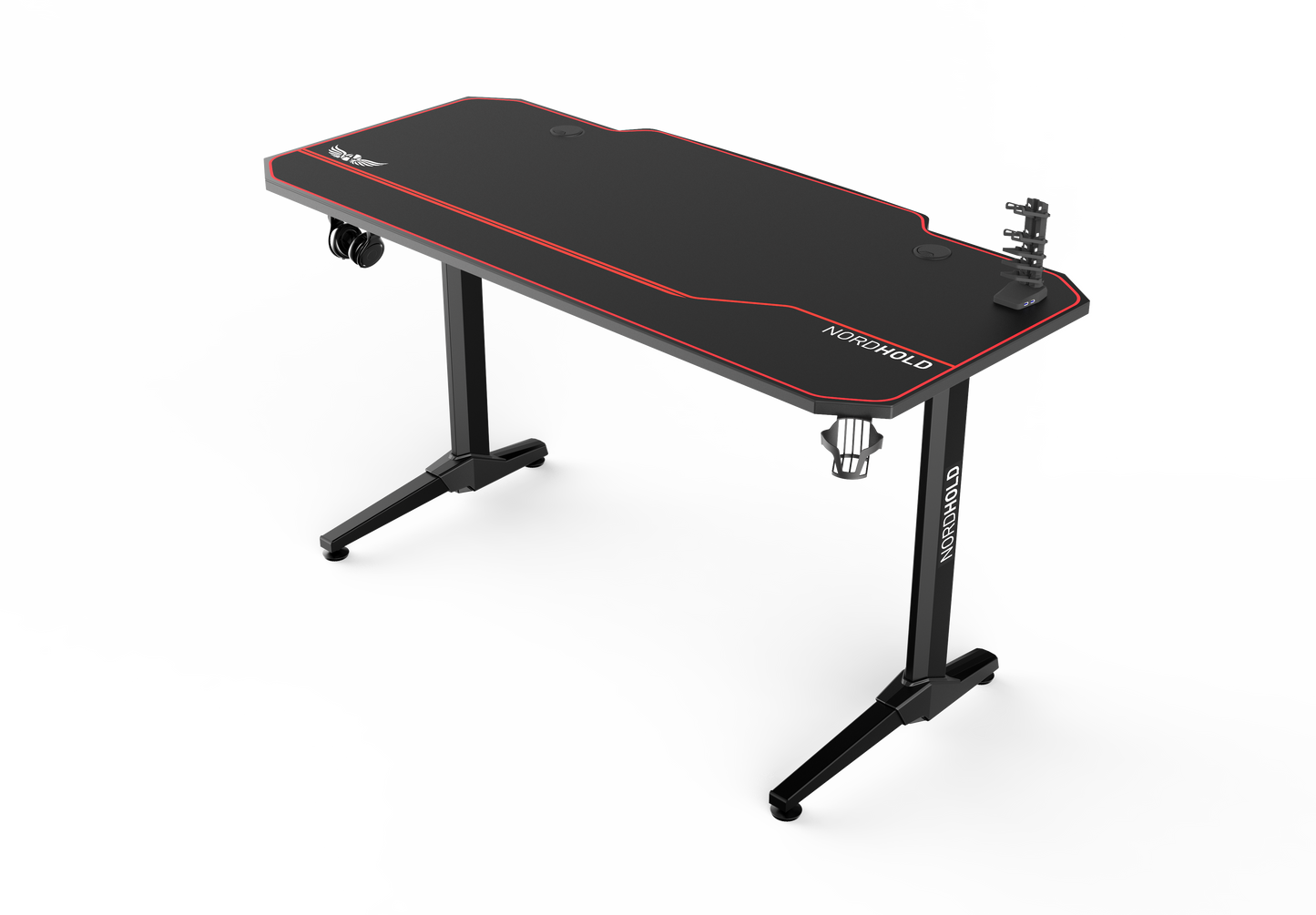 Birou Gaming cu suprafata tip mousepad idealSTORE Shark GD HOLD, Dimensiuni 140 x 66 x 77 cm, Prevazut cu picioare stabile, Accesorizat cu suport pentru casti, pahar si mousepad, Echipat cu orificii speciale pentru cabluri, Negru-Rosu