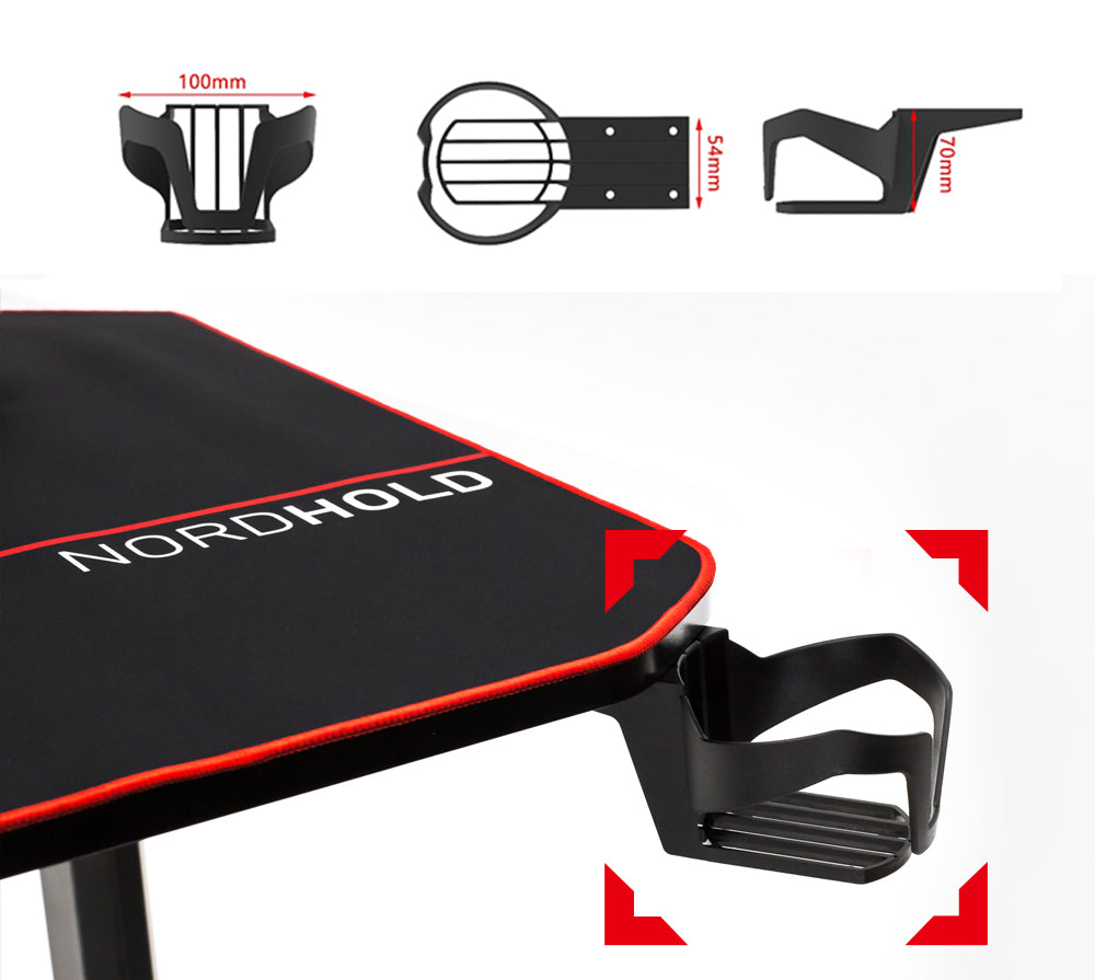 Birou Gaming cu suprafata tip mousepad idealSTORE Shark GD HOLD, Dimensiuni 140 x 66 x 77 cm, Prevazut cu picioare stabile, Accesorizat cu suport pentru casti, pahar si mousepad, Echipat cu orificii speciale pentru cabluri, Negru-Rosu