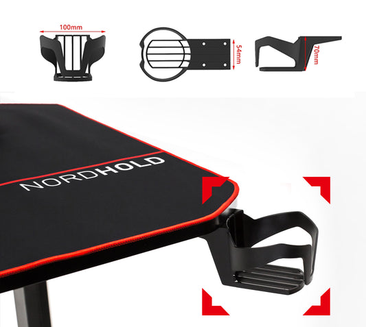 Birou Gaming cu suprafata tip mousepad idealSTORE Shark GD HOLD, Dimensiuni 140 x 66 x 77 cm, Prevazut cu picioare stabile, Accesorizat cu suport pentru casti, pahar si mousepad, Echipat cu orificii speciale pentru cabluri, Negru-Rosu