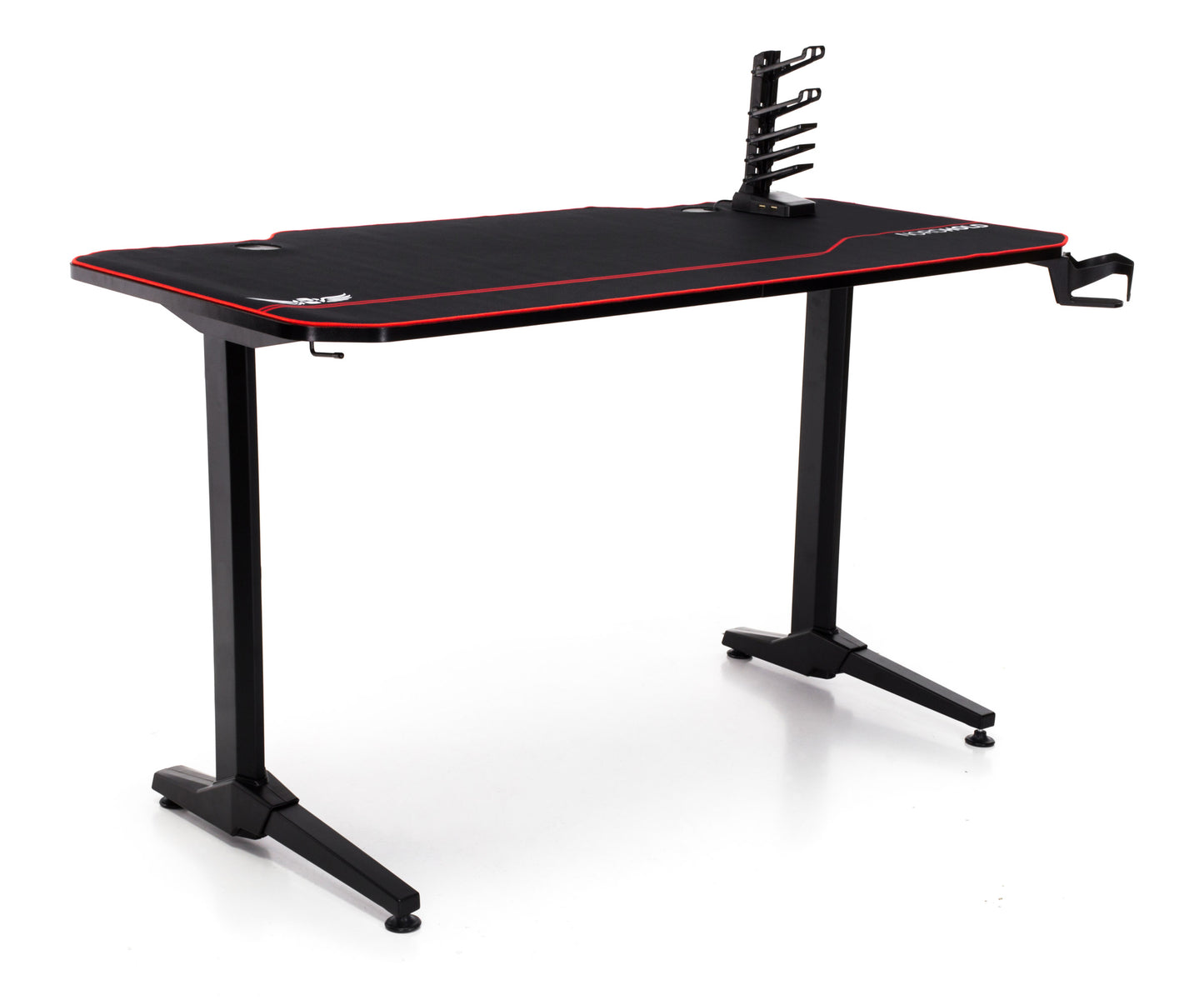 Birou Gaming cu suprafata tip mousepad idealSTORE Shark GD HOLD, Dimensiuni 140 x 66 x 77 cm, Prevazut cu picioare stabile, Accesorizat cu suport pentru casti, pahar si mousepad, Echipat cu orificii speciale pentru cabluri, Negru-Rosu