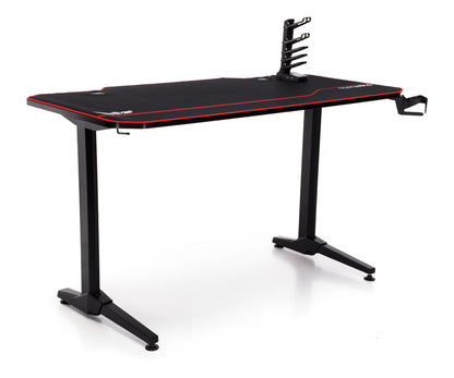 Birou Gaming cu suprafata tip mousepad idealSTORE Shark GD HOLD, Dimensiuni 140 x 66 x 77 cm, Prevazut cu picioare stabile, Accesorizat cu suport pentru casti, pahar si mousepad, Echipat cu orificii speciale pentru cabluri, Negru-Rosu