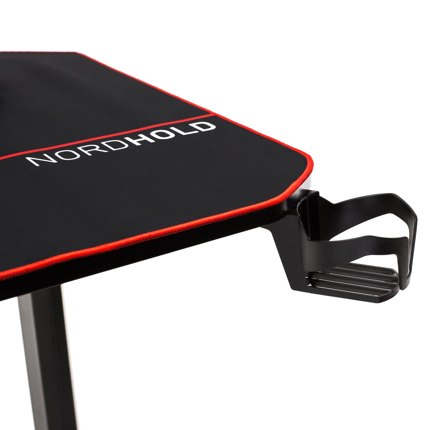 Birou Gaming cu suprafata tip mousepad idealSTORE Shark GD HOLD, Dimensiuni 140 x 66 x 77 cm, Prevazut cu picioare stabile, Accesorizat cu suport pentru casti, pahar si mousepad, Echipat cu orificii speciale pentru cabluri, Negru-Rosu