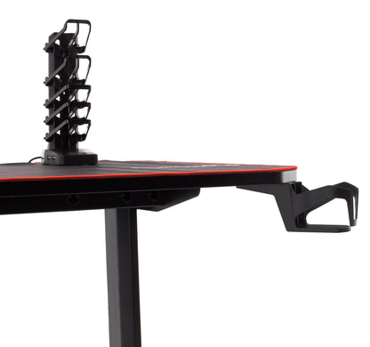 Birou Gaming cu suprafata tip mousepad idealSTORE Shark GD HOLD, Dimensiuni 140 x 66 x 77 cm, Prevazut cu picioare stabile, Accesorizat cu suport pentru casti, pahar si mousepad, Echipat cu orificii speciale pentru cabluri, Negru-Rosu