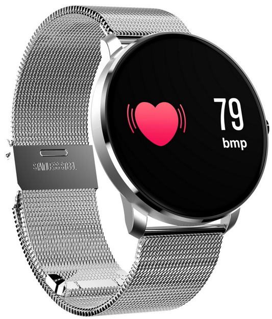 Ceas Smartwatch si Bratara Fitness Crimson 2018, model elegant, Masurare Tensiune, Bataile inimii, Waterproof, Monitor Somn, Alerta Mesaj / Apel, Display OLED, Metalic Silver