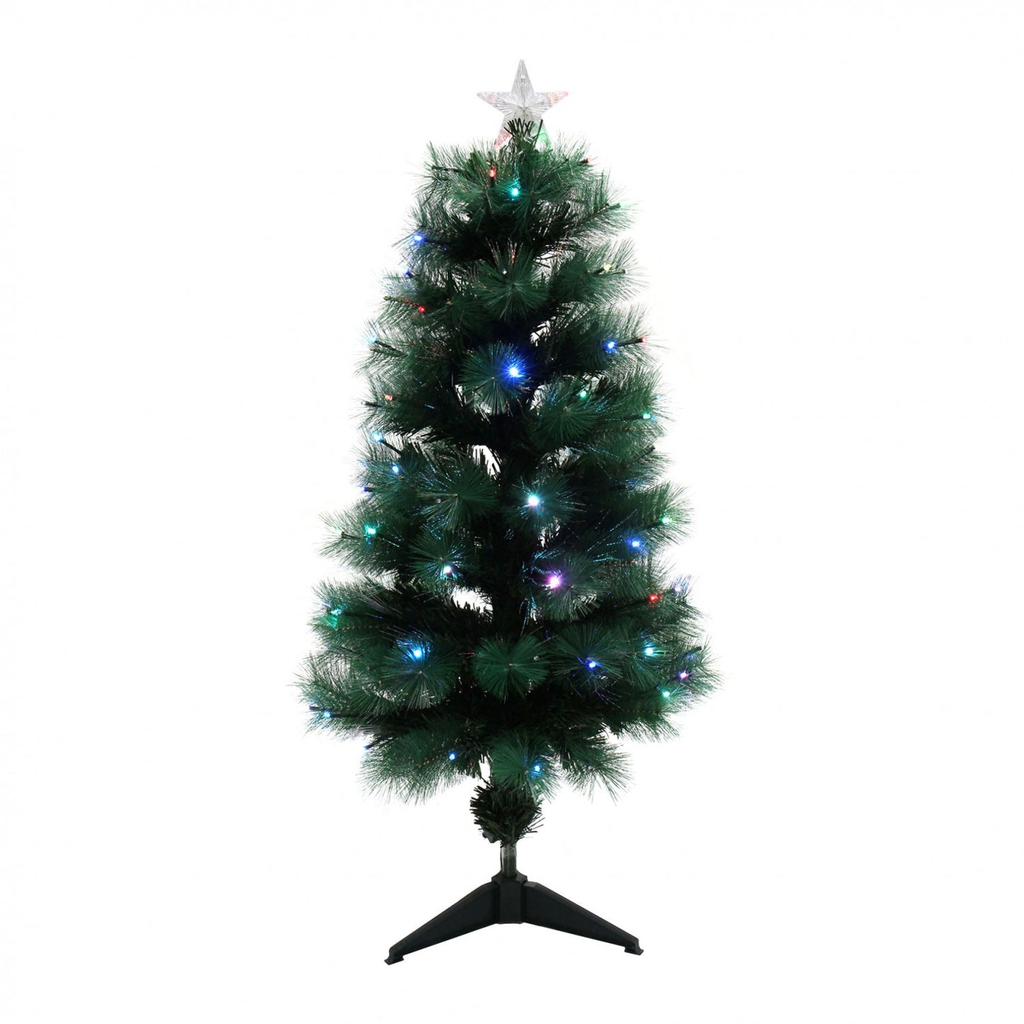 Brad de Craciun Verde Artificial cu fibra optica si stativ, Inaltime 150cm, lumina multicolora, jocuri de lumini, 123 leduri RGB, usor de instalat si folosit pentru o ambienta de neuitat, Steluta pentru varf Cadou