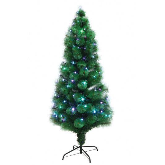 Brad de Craciun Verde Artificial cu fibra optica si stativ, Inaltime 190cm, Leduri Multicolore, 210 leduri RGB, usor de instalat si folosit pentru o ambienta de neuitat, Stativ incorporat, Steluta pentru varf Cadou