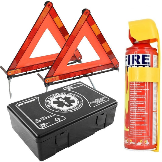 Pachet Dotare Auto Obligatorie Cod Rutier 2017 Omologat - Stingator Auto, Trusa Medicala, 2x Triunghiuri Reflectorizante