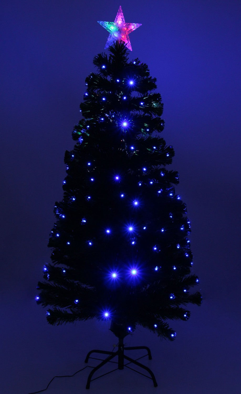 Brad de Craciun Verde Artificial cu fibra optica si stativ, Inaltime 250cm, Leduri Albastre, 300 leduri incorporate, usor de instalat si folosit pentru o ambienta de neuitat, Stativ incorporat, Steluta pentru varf Cadou