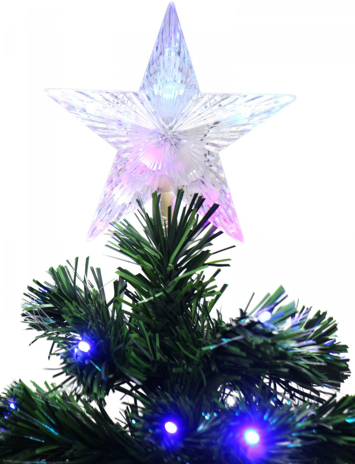 Brad de Craciun Verde Artificial cu fibra optica si stativ, Inaltime 250cm, Leduri Albastre, 300 leduri incorporate, usor de instalat si folosit pentru o ambienta de neuitat, Stativ incorporat, Steluta pentru varf Cadou