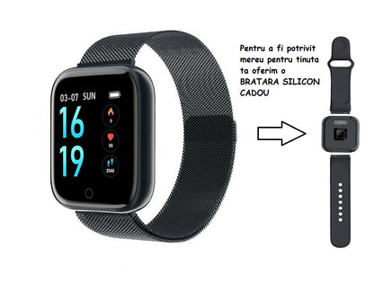 Ceas SmartWatch si Bratara Fitness Slim Time80 Fashion, Display IPS color TFT de 1.3 inch, Masurarea ritmului cardiac, Monitorizarea somnului, Muzica si Fotografii, Apeluri si memento-ul de mesaje, Design unic alaturi de bratara silicon neagra cadou