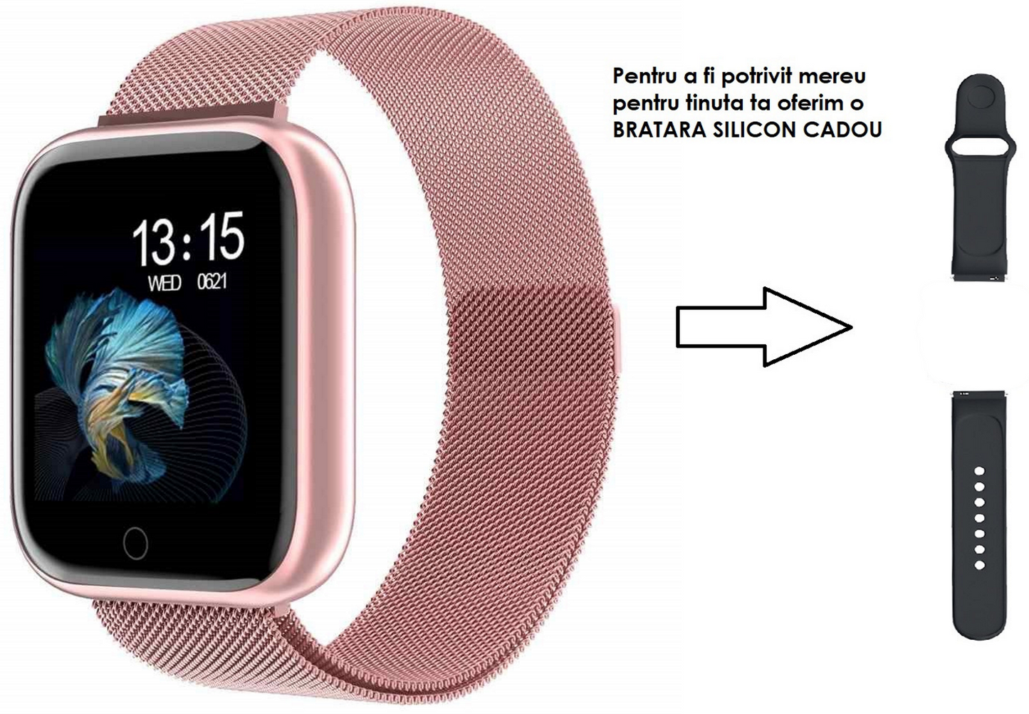 Ceas SmartWatch si Bratara Fitness Slim Time80 Fashion, Display IPS color TFT de 1.3 inch, Masurarea ritmului cardiac, Monitorizarea somnului, Muzica si Fotografii, Apeluri si memento-ul de mesaje, Design unic alaturi de bratara silicon roz cadou