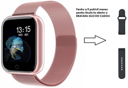 Ceas SmartWatch si Bratara Fitness Slim Time80 Fashion, Display IPS color TFT de 1.3 inch, Masurarea ritmului cardiac, Monitorizarea somnului, Muzica si Fotografii, Apeluri si memento-ul de mesaje, Design unic alaturi de bratara silicon roz cadou