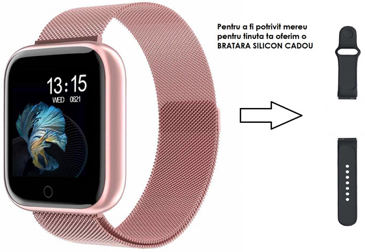 Ceas SmartWatch si Bratara Fitness Slim Time80 Fashion, Display IPS color TFT de 1.3 inch, Masurarea ritmului cardiac, Monitorizarea somnului, Muzica si Fotografii, Apeluri si memento-ul de mesaje, Design unic alaturi de bratara silicon roz cadou