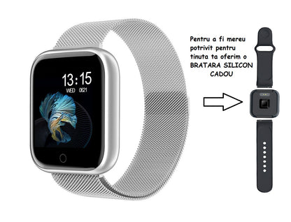 Ceas SmartWatch si Bratara Fitness Slim Time80 Fashion Silver, Display IPS color TFT de 1.3 inch, Masurarea ritmului cardiac, Monitorizarea somnului, Muzica si Fotografii, Apeluri si memento-ul de mesaje, Design unic alaturi de bratara silicon cadou