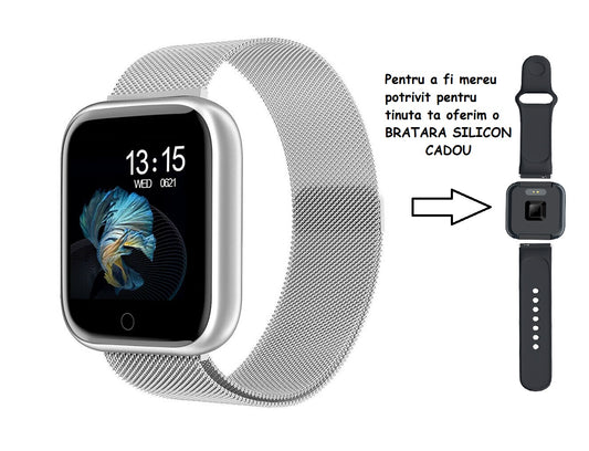 Ceas SmartWatch si Bratara Fitness Slim Time80 Fashion Silver, Display IPS color TFT de 1.3 inch, Masurarea ritmului cardiac, Monitorizarea somnului, Muzica si Fotografii, Apeluri si memento-ul de mesaje, Design unic alaturi de bratara silicon cadou