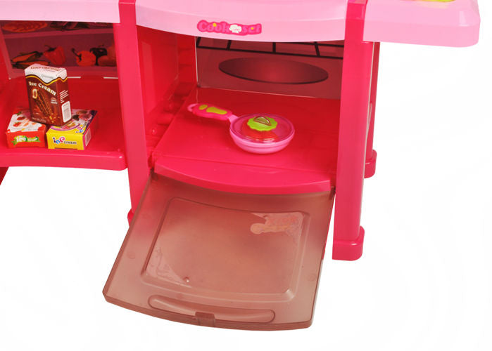 Bucatarie multifinctionala cu Supermarket Mica Mea Bucatareasa XL pentru copii, sunete si lumini, 65 cm Inaltime, accesorii incluse, ceas, instrumente pentru gatit, aragaz, supermarket, Culoare Roz