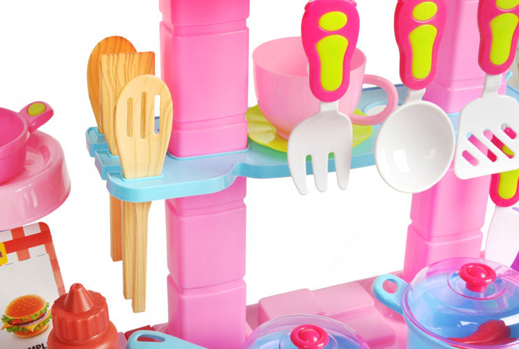 Bucatarie multifinctionala cu Supermarket Mica Mea Bucatareasa XL pentru copii, sunete si lumini, 65 cm Inaltime, accesorii incluse, ceas, instrumente pentru gatit, aragaz, supermarket, Culoare Roz
