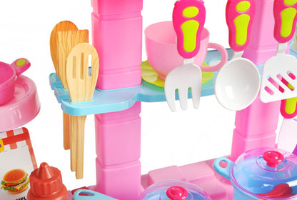 Bucatarie multifinctionala cu Supermarket Mica Mea Bucatareasa XL pentru copii, sunete si lumini, 65 cm Inaltime, accesorii incluse, ceas, instrumente pentru gatit, aragaz, supermarket, Culoare Roz