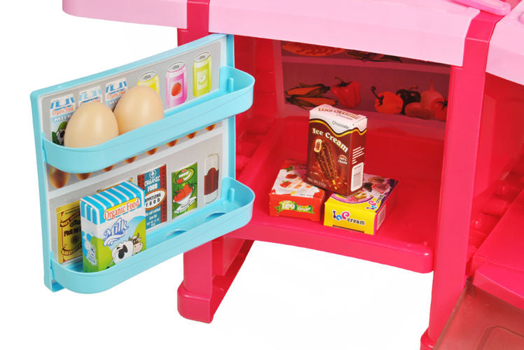 Bucatarie multifinctionala cu Supermarket Mica Mea Bucatareasa XL pentru copii, sunete si lumini, 65 cm Inaltime, accesorii incluse, ceas, instrumente pentru gatit, aragaz, supermarket, Culoare Roz