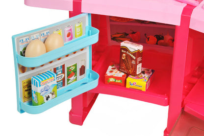 Bucatarie multifinctionala cu Supermarket Mica Mea Bucatareasa XL pentru copii, sunete si lumini, 65 cm Inaltime, accesorii incluse, ceas, instrumente pentru gatit, aragaz, supermarket, Culoare Roz
