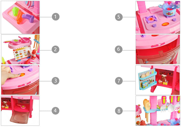 Bucatarie multifinctionala cu Supermarket Mica Mea Bucatareasa XL pentru copii, sunete si lumini, 65 cm Inaltime, accesorii incluse, ceas, instrumente pentru gatit, aragaz, supermarket, Culoare Roz