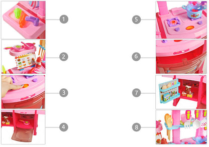 Bucatarie multifinctionala cu Supermarket Mica Mea Bucatareasa XL pentru copii, sunete si lumini, 65 cm Inaltime, accesorii incluse, ceas, instrumente pentru gatit, aragaz, supermarket, Culoare Roz