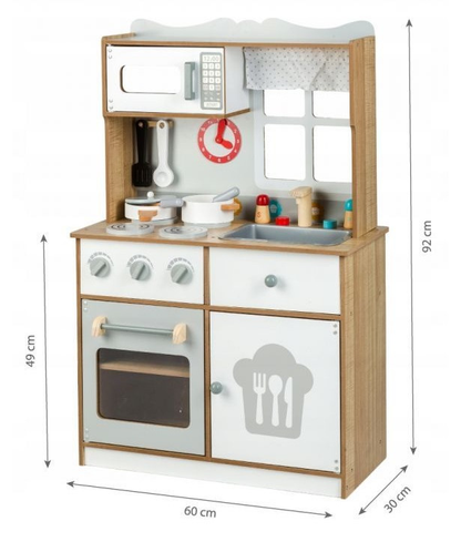 Bucatarie Multifunctionala Premium din LEMN, LITTLE MASTER CHEF LUX, Inaltime 92 cm, 15 Accesorii SIMBOLICE : consola cu butoane, cuptor cu microunde, ghiuveta, ustensile si reciepente pentru gatit ce Incurajeaza Jocul de ROL