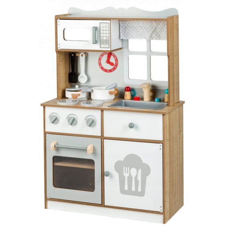 Bucatarie Multifunctionala Premium din LEMN, LITTLE MASTER CHEF LUX, Inaltime 92 cm, 15 Accesorii SIMBOLICE : consola cu butoane, cuptor cu microunde, ghiuveta, ustensile si reciepente pentru gatit ce Incurajeaza Jocul de ROL