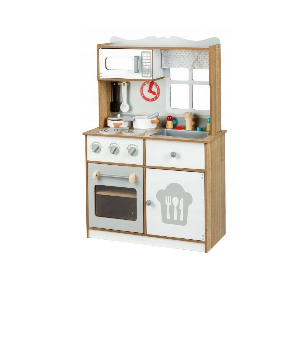 Bucatarie Multifunctionala Premium din LEMN, LITTLE MASTER CHEF LUX, Inaltime 92 cm, 15 Accesorii SIMBOLICE : consola cu butoane, cuptor cu microunde, ghiuveta, ustensile si reciepente pentru gatit ce Incurajeaza Jocul de ROL