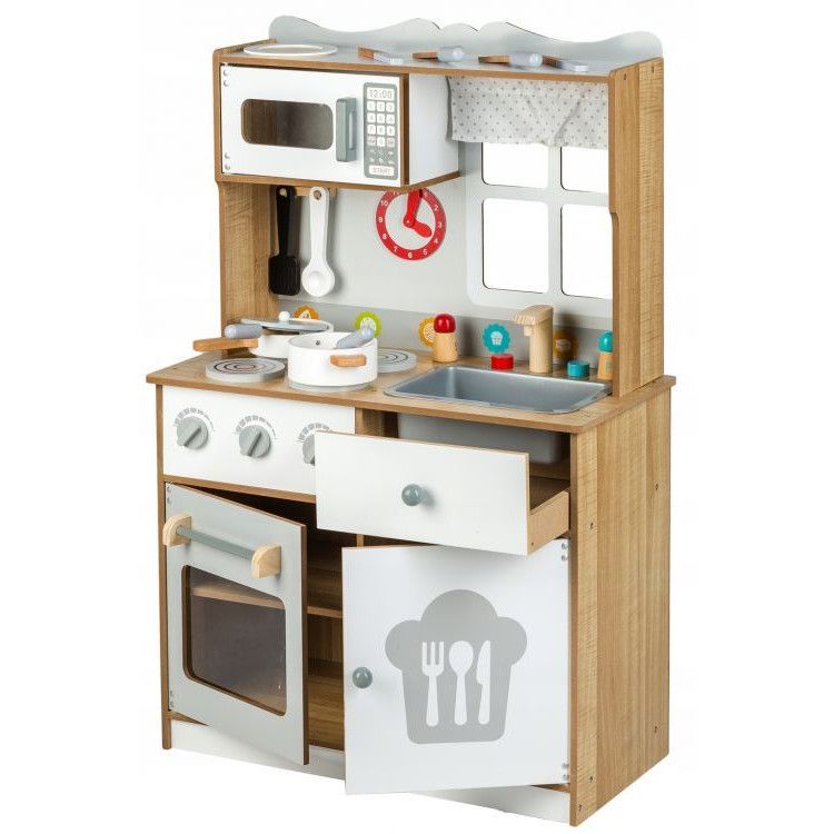 Bucatarie Multifunctionala Premium din LEMN, LITTLE MASTER CHEF LUX, Inaltime 92 cm, 15 Accesorii SIMBOLICE : consola cu butoane, cuptor cu microunde, ghiuveta, ustensile si reciepente pentru gatit ce Incurajeaza Jocul de ROL