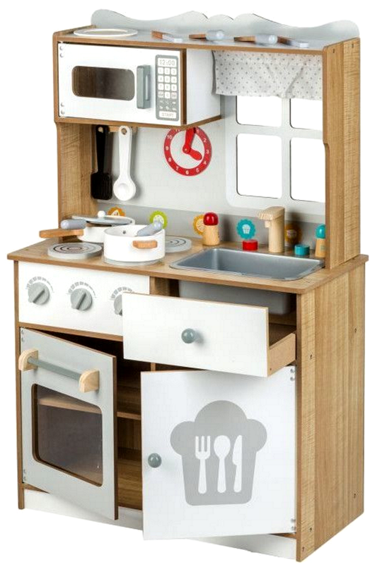 Bucatarie Multifunctionala Premium din LEMN, LITTLE MASTER CHEF LUX, Inaltime 92 cm, 15 Accesorii SIMBOLICE : consola cu butoane, cuptor cu microunde, ghiuveta, ustensile si reciepente pentru gatit ce Incurajeaza Jocul de ROL