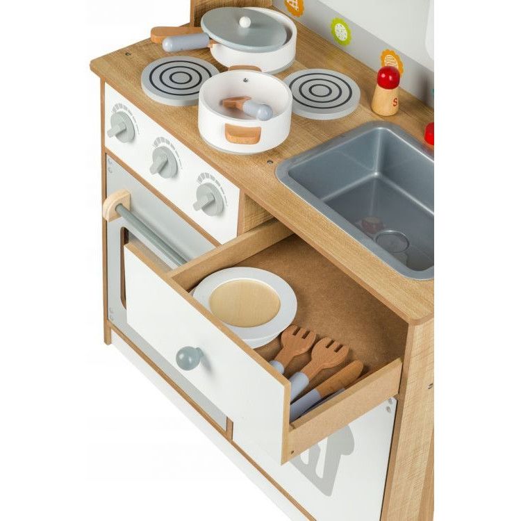 Bucatarie Multifunctionala Premium din LEMN, LITTLE MASTER CHEF LUX, Inaltime 92 cm, 15 Accesorii SIMBOLICE : consola cu butoane, cuptor cu microunde, ghiuveta, ustensile si reciepente pentru gatit ce Incurajeaza Jocul de ROL