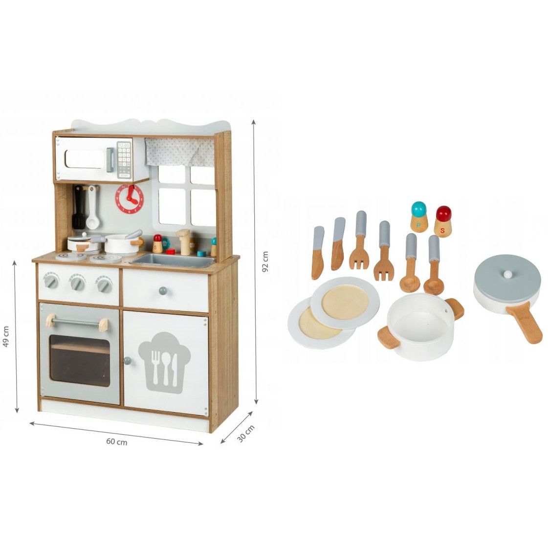 Bucatarie Multifunctionala Premium din LEMN, LITTLE MASTER CHEF LUX, Inaltime 92 cm, 15 Accesorii SIMBOLICE : consola cu butoane, cuptor cu microunde, ghiuveta, ustensile si reciepente pentru gatit ce Incurajeaza Jocul de ROL