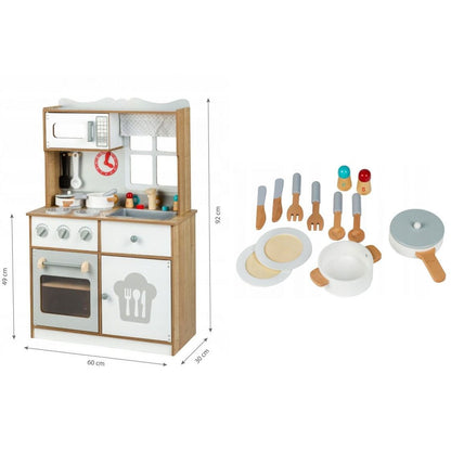 Bucatarie Multifunctionala Premium din LEMN, LITTLE MASTER CHEF LUX, Inaltime 92 cm, 15 Accesorii SIMBOLICE : consola cu butoane, cuptor cu microunde, ghiuveta, ustensile si reciepente pentru gatit ce Incurajeaza Jocul de ROL