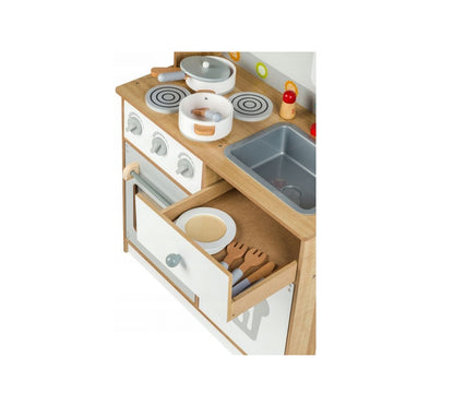 Bucatarie Multifunctionala Premium din LEMN, LITTLE MASTER CHEF LUX, Inaltime 92 cm, 15 Accesorii SIMBOLICE : consola cu butoane, cuptor cu microunde, ghiuveta, ustensile si reciepente pentru gatit ce Incurajeaza Jocul de ROL