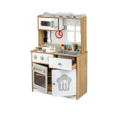 Bucatarie Multifunctionala Premium din LEMN, LITTLE MASTER CHEF LUX, Inaltime 92 cm, 15 Accesorii SIMBOLICE : consola cu butoane, cuptor cu microunde, ghiuveta, ustensile si reciepente pentru gatit ce Incurajeaza Jocul de ROL