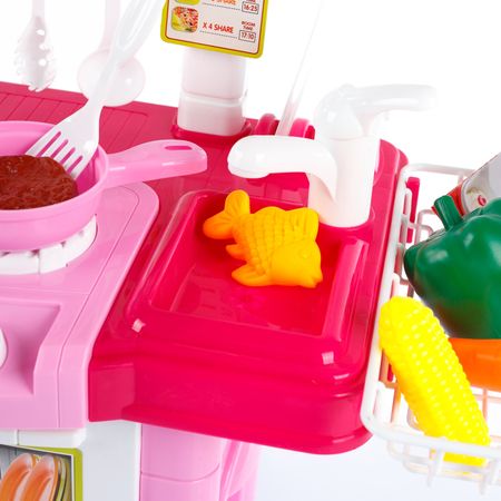 Bucatarie multifunctionala Primul Bucatar, pentru copii cu lumini si sunete, 32 acceosrii incluse, 87 cm INALTIME, chiuveta, aragaz, masina de spalat vase, ideala pentru creativitatea copilului tau, Culoare Roz