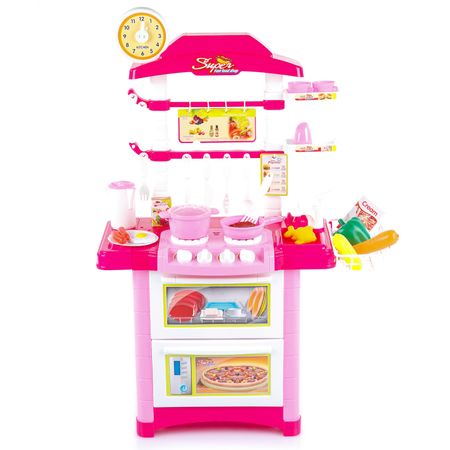 Bucatarie multifunctionala Primul Bucatar, pentru copii cu lumini si sunete, 32 acceosrii incluse, 87 cm INALTIME, chiuveta, aragaz, masina de spalat vase, ideala pentru creativitatea copilului tau, Culoare Roz