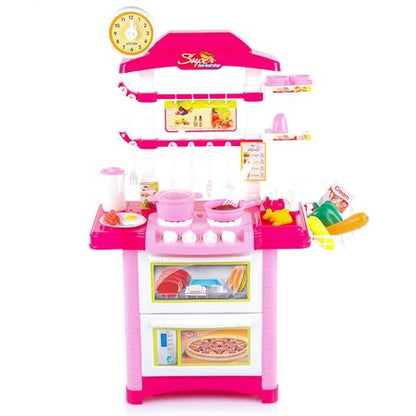 Bucatarie multifunctionala Primul Bucatar, pentru copii cu lumini si sunete, 32 acceosrii incluse, 87 cm INALTIME, chiuveta, aragaz, masina de spalat vase, ideala pentru creativitatea copilului tau, Culoare Roz