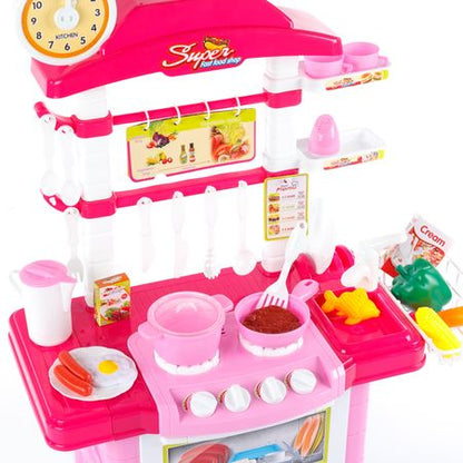 Bucatarie multifunctionala Primul Bucatar, pentru copii cu lumini si sunete, 32 acceosrii incluse, 87 cm INALTIME, chiuveta, aragaz, masina de spalat vase, ideala pentru creativitatea copilului tau, Culoare Roz