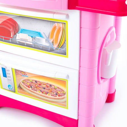 Bucatarie multifunctionala Primul Bucatar, pentru copii cu lumini si sunete, 32 acceosrii incluse, 87 cm INALTIME, chiuveta, aragaz, masina de spalat vase, ideala pentru creativitatea copilului tau, Culoare Roz