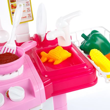 Bucatarie multifunctionala Primul Bucatar, pentru copii cu lumini si sunete, 32 acceosrii incluse, 87 cm INALTIME, chiuveta, aragaz, masina de spalat vase, ideala pentru creativitatea copilului tau, Culoare Roz