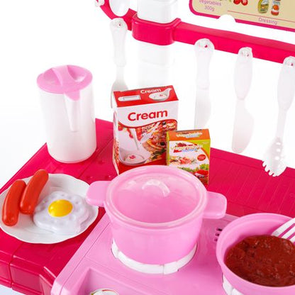 Bucatarie multifunctionala Primul Bucatar, pentru copii cu lumini si sunete, 32 acceosrii incluse, 87 cm INALTIME, chiuveta, aragaz, masina de spalat vase, ideala pentru creativitatea copilului tau, Culoare Roz