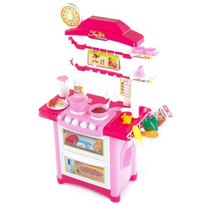 Bucatarie multifunctionala Primul Bucatar, pentru copii cu lumini si sunete, 32 acceosrii incluse, 87 cm INALTIME, chiuveta, aragaz, masina de spalat vase, ideala pentru creativitatea copilului tau, Culoare Roz