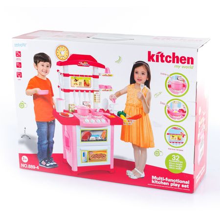 Bucatarie multifunctionala Primul Bucatar, pentru copii cu lumini si sunete, 32 acceosrii incluse, 87 cm INALTIME, chiuveta, aragaz, masina de spalat vase, ideala pentru creativitatea copilului tau, Culoare Roz