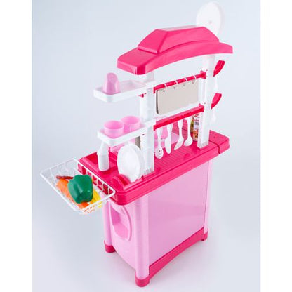 Bucatarie multifunctionala Primul Bucatar, pentru copii cu lumini si sunete, 32 acceosrii incluse, 87 cm INALTIME, chiuveta, aragaz, masina de spalat vase, ideala pentru creativitatea copilului tau, Culoare Roz