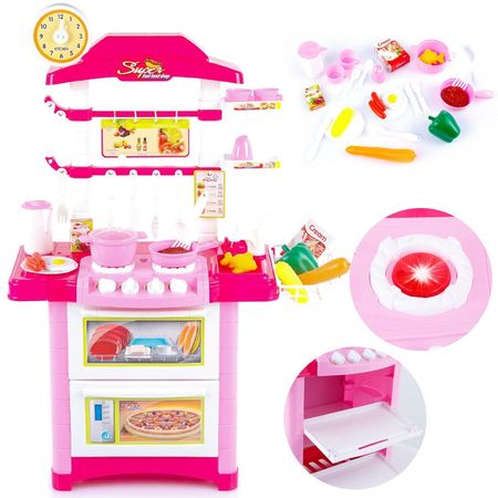 Bucatarie multifunctionala Primul Bucatar, pentru copii cu lumini si sunete, 32 acceosrii incluse, 87 cm INALTIME, chiuveta, aragaz, masina de spalat vase, ideala pentru creativitatea copilului tau, Culoare Roz