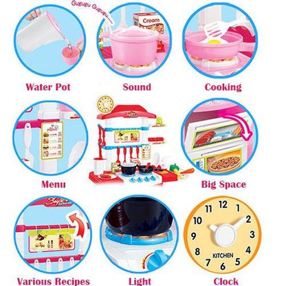 Bucatarie multifunctionala Primul Bucatar, pentru copii cu lumini si sunete, 32 acceosrii incluse, 87 cm INALTIME, chiuveta, aragaz, masina de spalat vase, ideala pentru creativitatea copilului tau, Culoare Roz